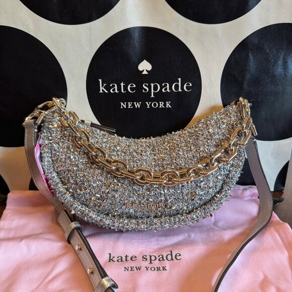 NEW Kate Spade Smile Small Metallic Tweed Chain Shoulder Crossbody Clutch Silver - Picture 1 of 8